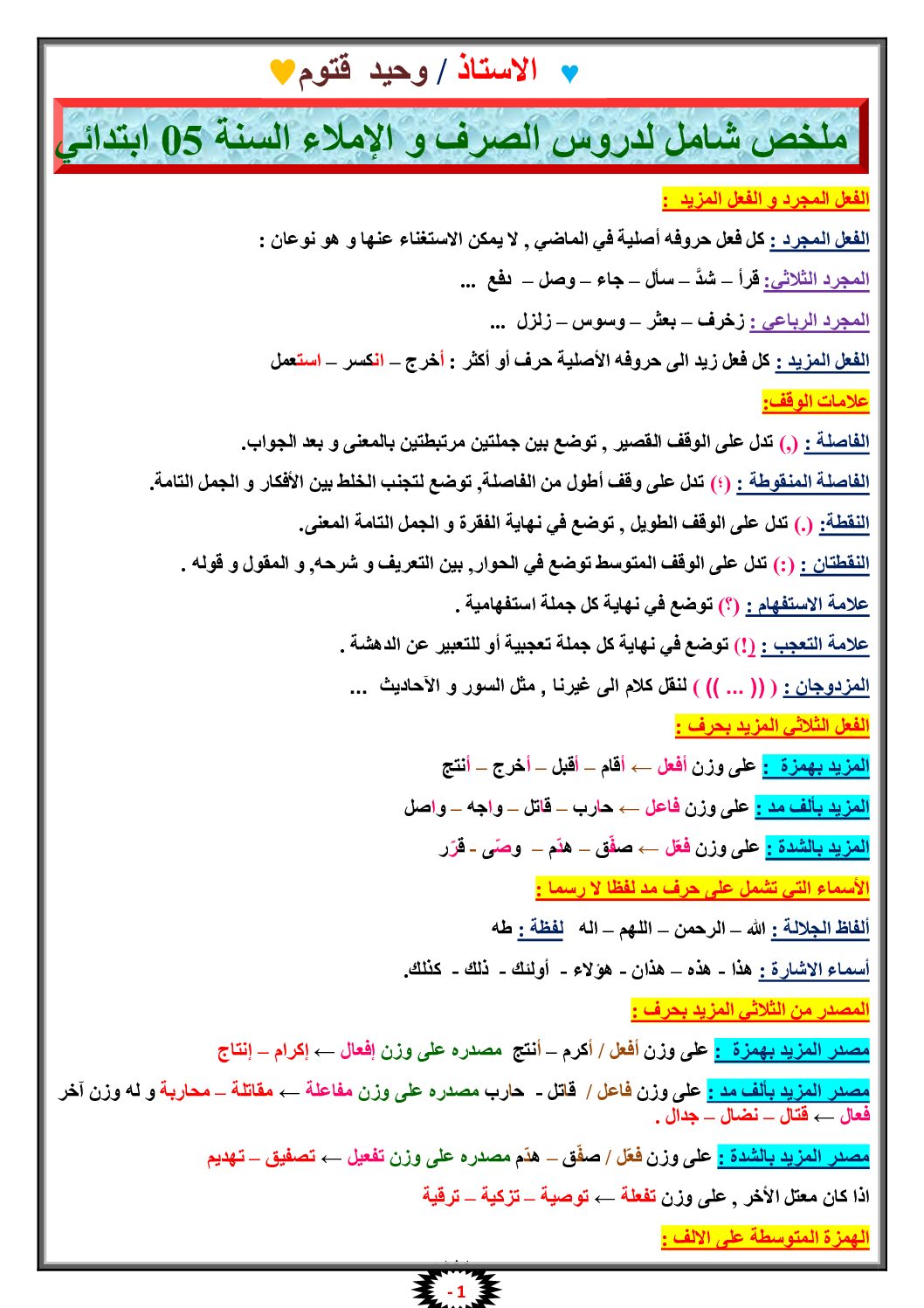 ملخص شامل لدروس الصرف و الإملاء في اللغة العربية للأستاذ وحيد قتوم 5 ابتدائي