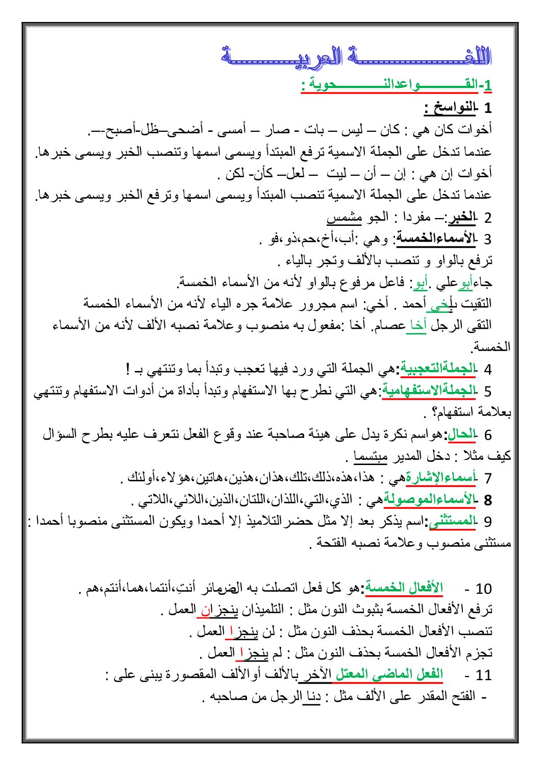 ملخص مادة اللغة العربية مكيفة مع الجيل الثاني 5 ابتدائي
