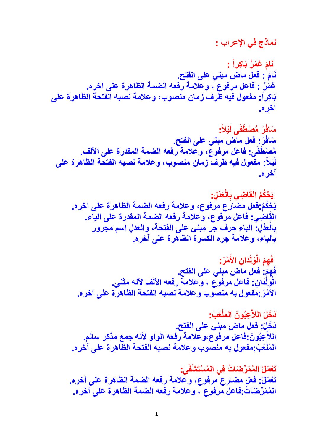نماذج في الاعراب مع التصحيح في مادة اللغة العربية 5 ابتدائي