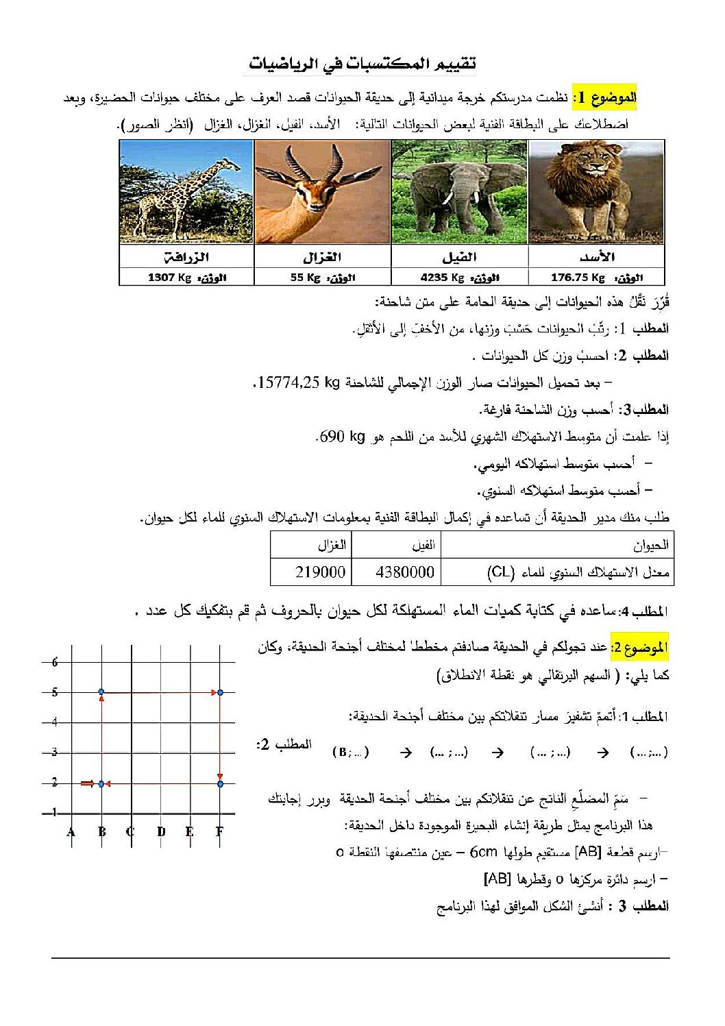 نموذج امتحان تقييم المكتسبات في الرياضيات السنة الخامسة ابتدائي رقم 13