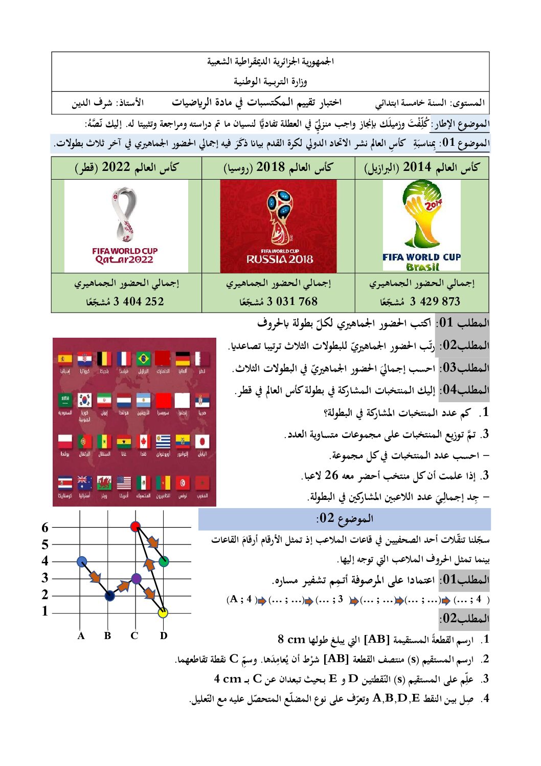 نموذج امتحان تقييم المكتسبات في الرياضيات السنة الخامسة ابتدائي رقم 3 مع التصحيح