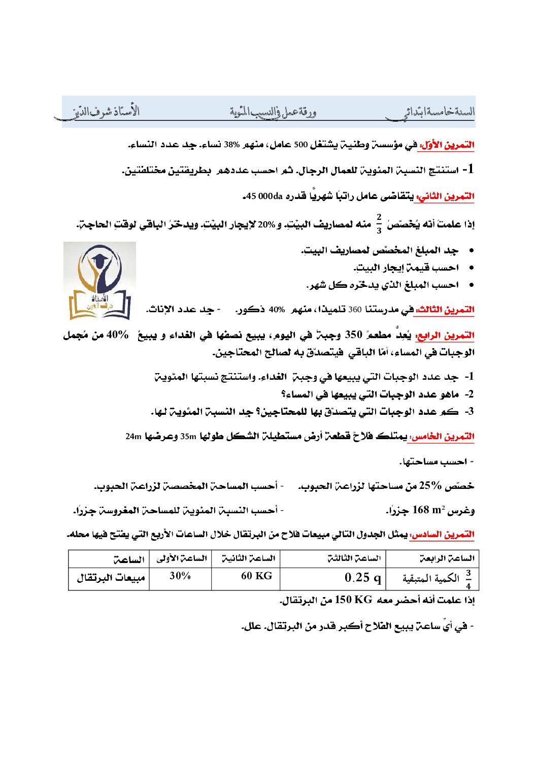 ورقة عمل درس النسبة المئوية من إعداد الأستاذ شرف الدين 5 ابتدائي
