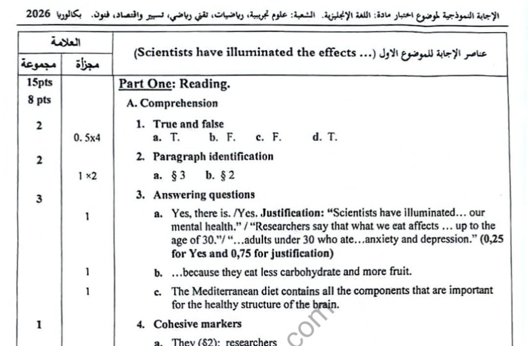 تصحيح موضوع اللغة الإنجليزية بكالوريا 2026 شعب علمية